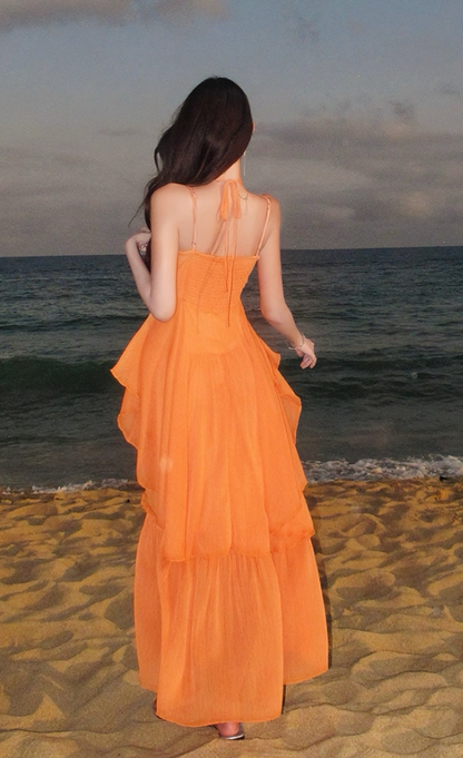 Ethereal Orange Flower Ornament Maxi Dress Chic Adjustable Strap Coastal Shoots Ruffles Hem Long Dress AP1347