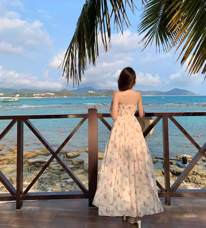 Vogue White Floral Print Flowy Maxi Dress Vintage Cinched-Waist Coastal Shoots Spaghetti Strap Long Dress AP1348