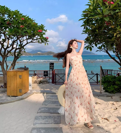 Vogue White Floral Print Flowy Maxi Dress Vintage Cinched-Waist Coastal Shoots Spaghetti Strap Long Dress AP1348