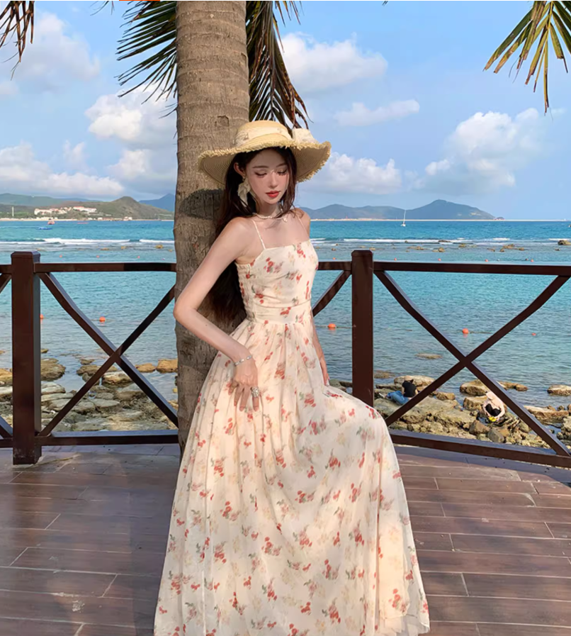 Vogue White Floral Print Flowy Maxi Dress Vintage Cinched-Waist Coastal Shoots Spaghetti Strap Long Dress AP1348