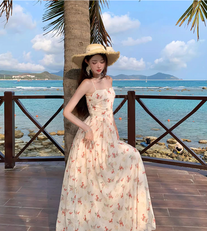 Vogue White Floral Print Flowy Maxi Dress Vintage Cinched-Waist Coastal Shoots Spaghetti Strap Long Dress AP1348