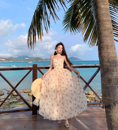 Vogue White Floral Print Flowy Maxi Dress Vintage Cinched-Waist Coastal Shoots Spaghetti Strap Long Dress AP1348