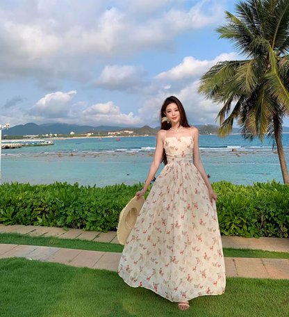 Vogue White Floral Print Flowy Maxi Dress Vintage Cinched-Waist Coastal Shoots Spaghetti Strap Long Dress AP1348