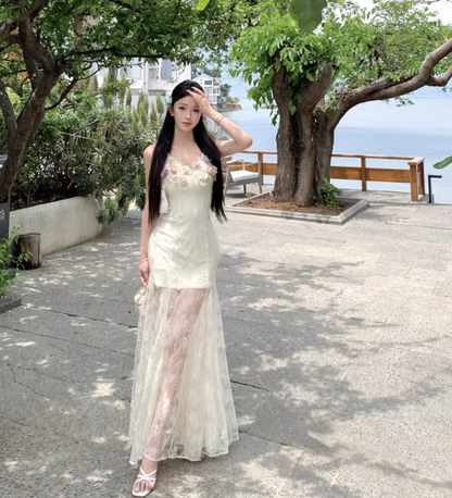 Alluring Stereo Flowers White Flowy Maxi Dress Romantic Cinched-Waist Sheer Tulle Overlay Spaghetti Strap Long Dress AP1349