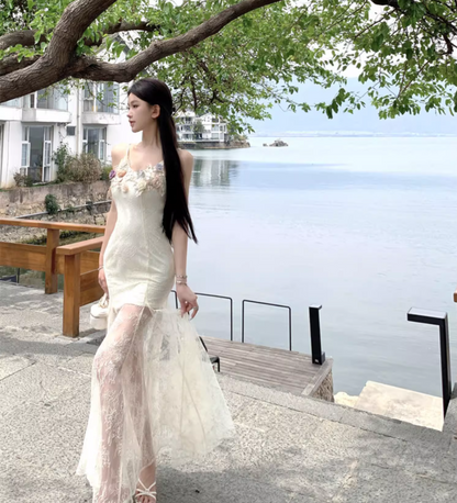 Alluring Stereo Flowers White Flowy Maxi Dress Romantic Cinched-Waist Sheer Tulle Overlay Spaghetti Strap Long Dress AP1349