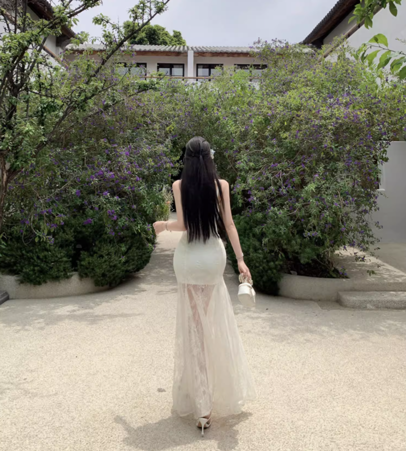 Alluring Stereo Flowers White Flowy Maxi Dress Romantic Cinched-Waist Sheer Tulle Overlay Spaghetti Strap Long Dress AP1349