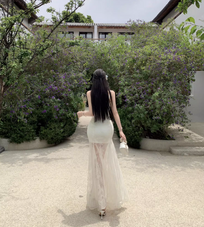 Alluring Stereo Flowers White Flowy Maxi Dress Romantic Cinched-Waist Sheer Tulle Overlay Spaghetti Strap Long Dress AP1349