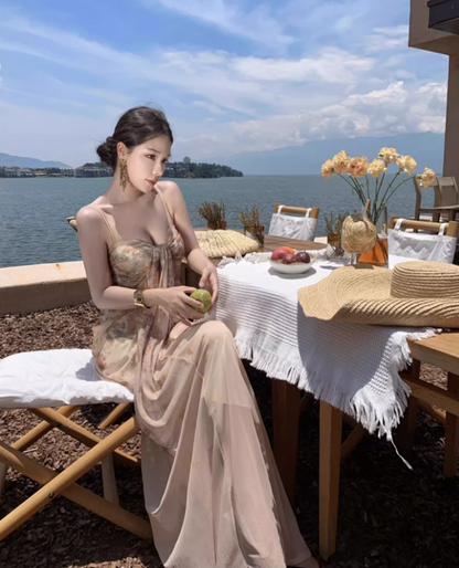 Graceful Lustrous Fabric Draped Maxi Dress With Lining Romantic Soft Fabric Spaghetti Strap Long Dress AP1350