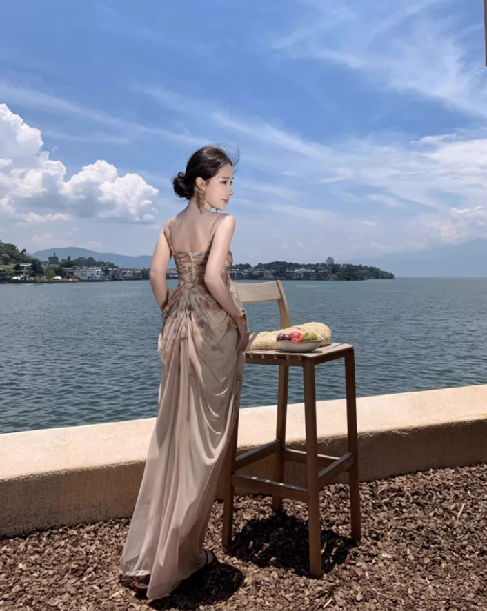 Graceful Lustrous Fabric Draped Maxi Dress With Lining Romantic Soft Fabric Spaghetti Strap Long Dress AP1350