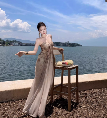 Graceful Lustrous Fabric Draped Maxi Dress With Lining Romantic Soft Fabric Spaghetti Strap Long Dress AP1350