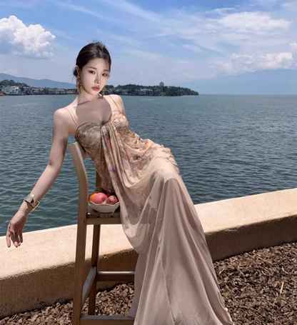 Graceful Lustrous Fabric Draped Maxi Dress With Lining Romantic Soft Fabric Spaghetti Strap Long Dress AP1350