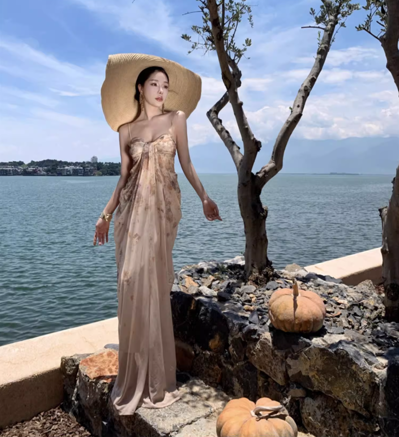 Graceful Lustrous Fabric Draped Maxi Dress With Lining Romantic Soft Fabric Spaghetti Strap Long Dress AP1350