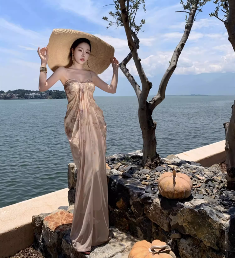 Graceful Lustrous Fabric Draped Maxi Dress With Lining Romantic Soft Fabric Spaghetti Strap Long Dress AP1350