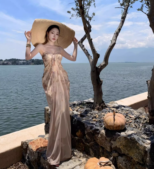 Graceful Lustrous Fabric Draped Maxi Dress With Lining Romantic Soft Fabric Spaghetti Strap Long Dress AP1350