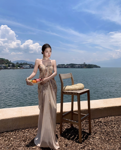 Graceful Lustrous Fabric Draped Maxi Dress With Lining Romantic Soft Fabric Spaghetti Strap Long Dress AP1350