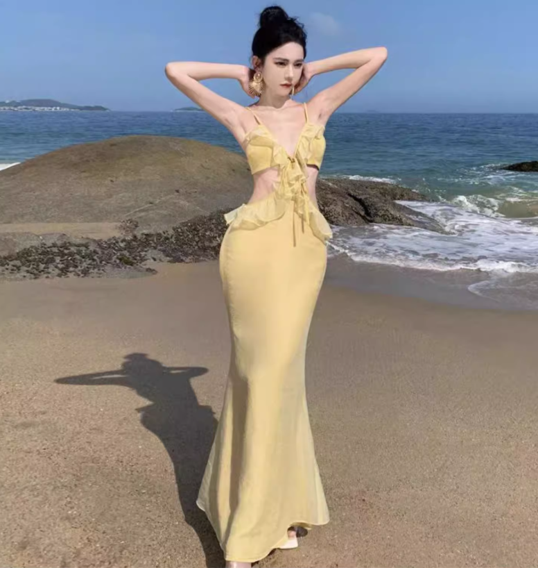 Sexy Coastal Trips Two-Piece Set Maxi Dress Vogue Open Waist Ruffles Hem Mermaid Long Dress AP1351