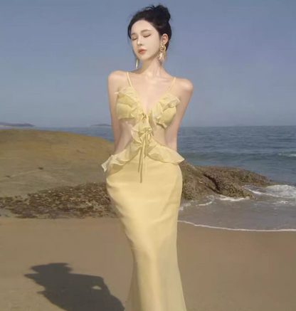 Sexy Coastal Trips Two-Piece Set Maxi Dress Vogue Open Waist Ruffles Hem Mermaid Long Dress AP1351