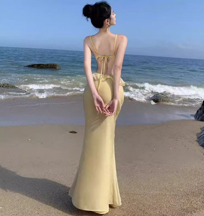 Sexy Coastal Trips Two-Piece Set Maxi Dress Vogue Open Waist Ruffles Hem Mermaid Long Dress AP1351