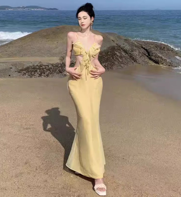 Sexy Coastal Trips Two-Piece Set Maxi Dress Vogue Open Waist Ruffles Hem Mermaid Long Dress AP1351