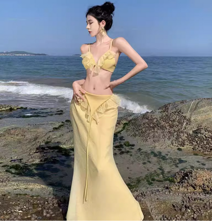 Sexy Coastal Trips Two-Piece Set Maxi Dress Vogue Open Waist Ruffles Hem Mermaid Long Dress AP1351