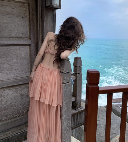 Charming Coastal Trips Pink Flowy Maxi Dress Chic Open Waist Ruffles Hem Pressed Pleat Long Dress AP1352