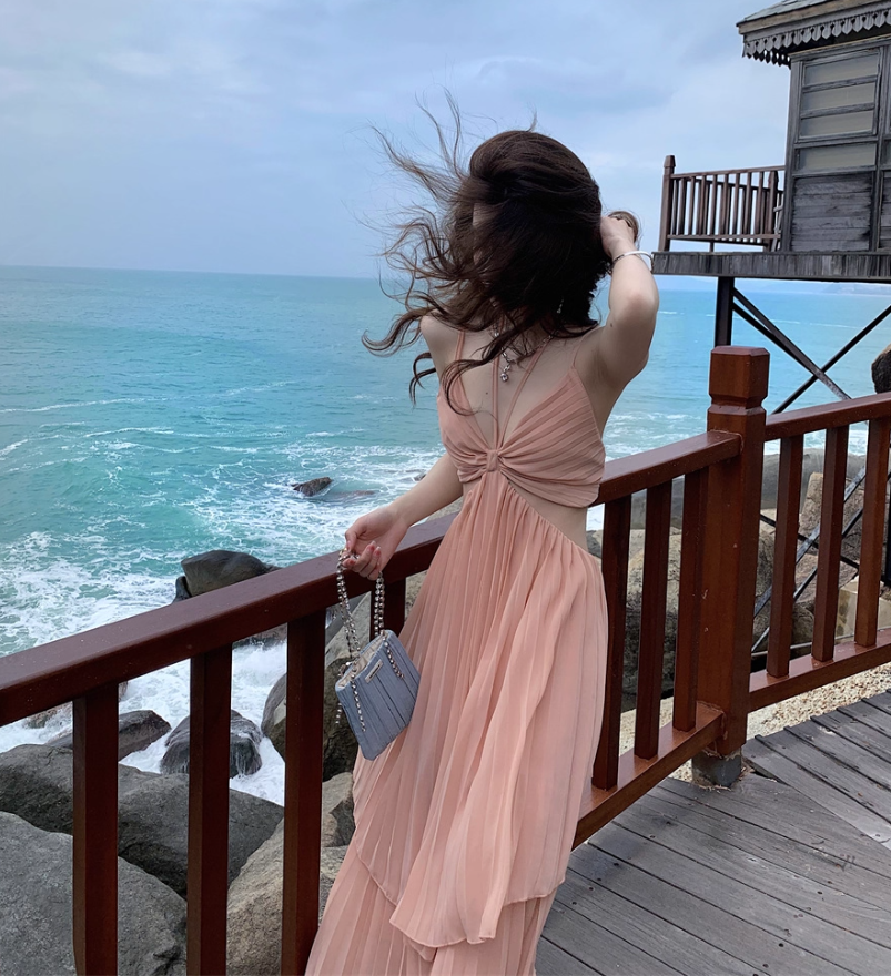 Charming Coastal Trips Pink Flowy Maxi Dress Chic Open Waist Ruffles Hem Pressed Pleat Long Dress AP1352