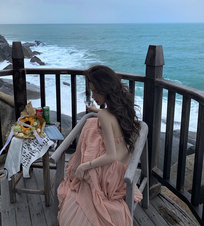 Charming Coastal Trips Pink Flowy Maxi Dress Chic Open Waist Ruffles Hem Pressed Pleat Long Dress AP1352