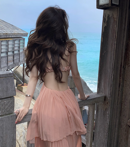 Charming Coastal Trips Pink Flowy Maxi Dress Chic Open Waist Ruffles Hem Pressed Pleat Long Dress AP1352