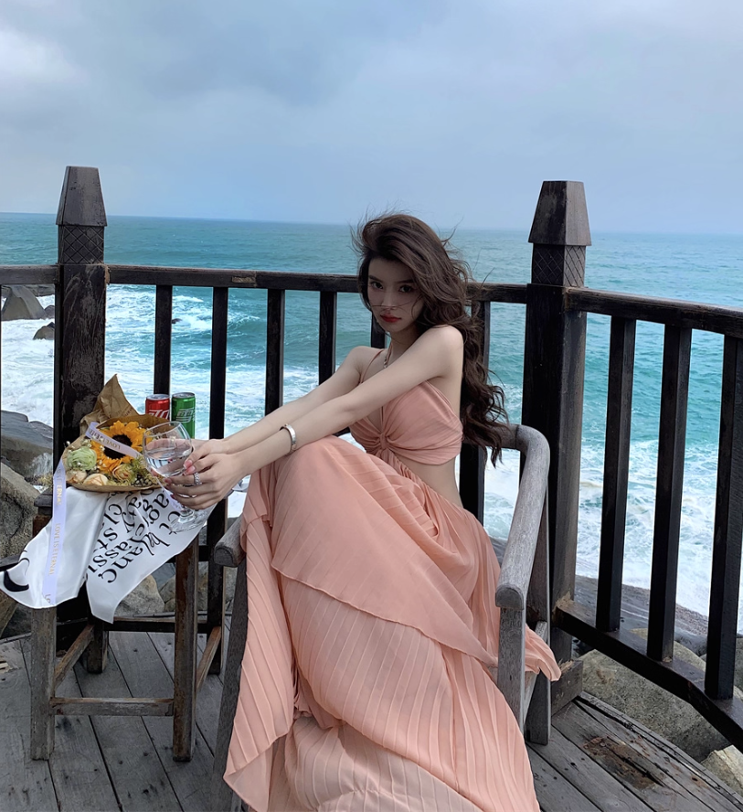 Charming Coastal Trips Pink Flowy Maxi Dress Chic Open Waist Ruffles Hem Pressed Pleat Long Dress AP1352