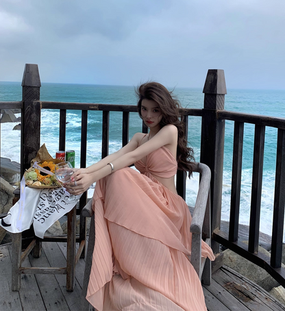 Charming Coastal Trips Pink Flowy Maxi Dress Chic Open Waist Ruffles Hem Pressed Pleat Long Dress AP1352