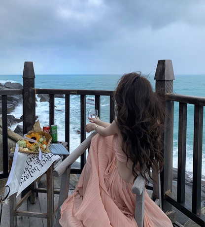 Charming Coastal Trips Pink Flowy Maxi Dress Chic Open Waist Ruffles Hem Pressed Pleat Long Dress AP1352