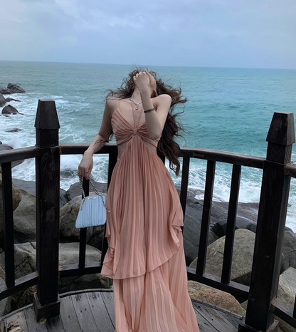 Charming Coastal Trips Pink Flowy Maxi Dress Chic Open Waist Ruffles Hem Pressed Pleat Long Dress AP1352