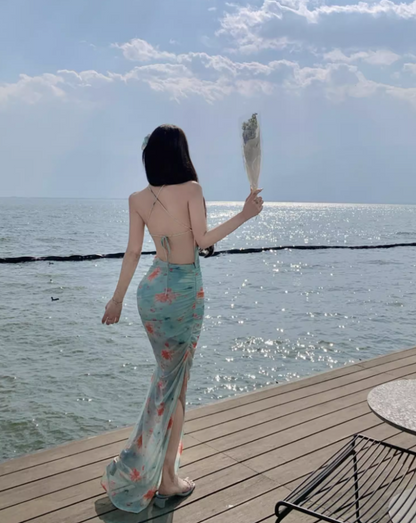 Romantic Floral Print Coastal Trips Blue Mermaid Maxi Dress Vogue Ruffles Trimmed Gathered Sheath Long Dress AP1353