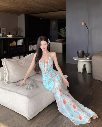 Romantic Floral Print Coastal Trips Blue Mermaid Maxi Dress Vogue Ruffles Trimmed Gathered Sheath Long Dress AP1353