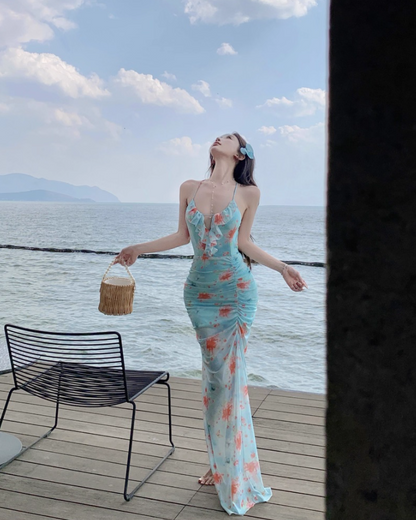 Romantic Floral Print Coastal Trips Blue Mermaid Maxi Dress Vogue Ruffles Trimmed Gathered Sheath Long Dress AP1353