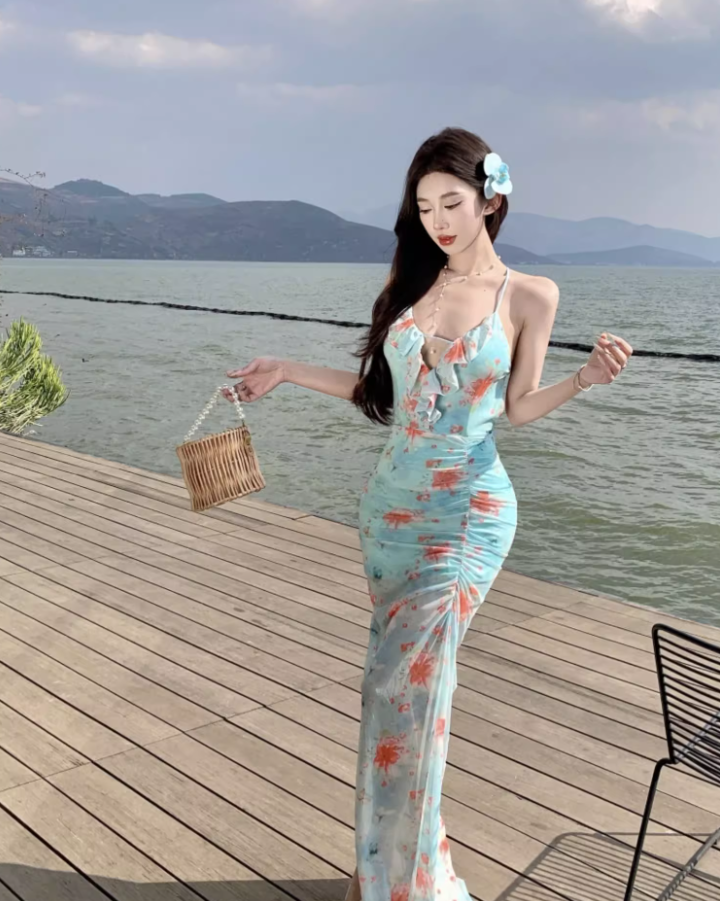 Romantic Floral Print Coastal Trips Blue Mermaid Maxi Dress Vogue Ruffles Trimmed Gathered Sheath Long Dress AP1353