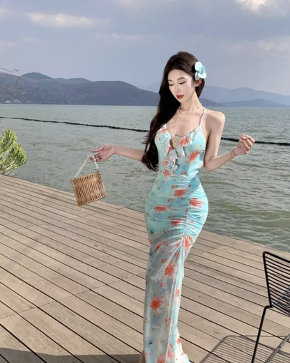 Romantic Floral Print Coastal Trips Blue Mermaid Maxi Dress Vogue Ruffles Trimmed Gathered Sheath Long Dress AP1353