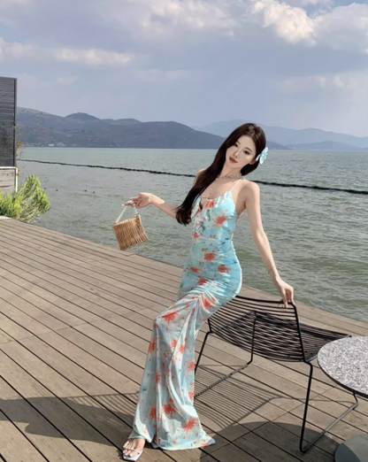 Romantic Floral Print Coastal Trips Blue Mermaid Maxi Dress Vogue Ruffles Trimmed Gathered Sheath Long Dress AP1353