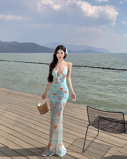 Romantic Floral Print Coastal Trips Blue Mermaid Maxi Dress Vogue Ruffles Trimmed Gathered Sheath Long Dress AP1353