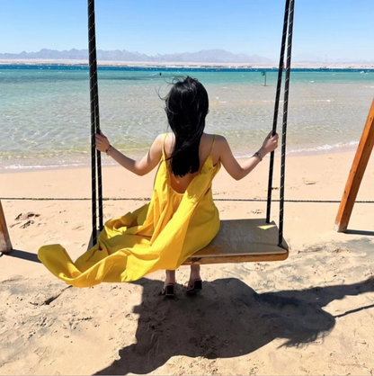 Vibrant Coastal Trips Yellow Oversize Maxi Dress Retro Loose Style Minimalist Backless Long Dress AP1354