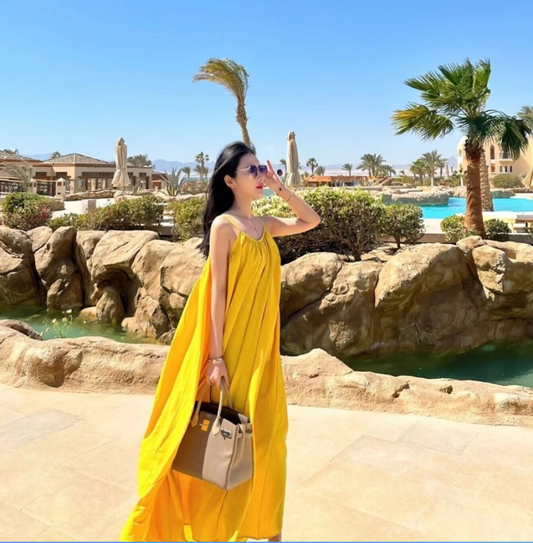 Vibrant Coastal Trips Yellow Oversize Maxi Dress Retro Loose Style Minimalist Backless Long Dress AP1354