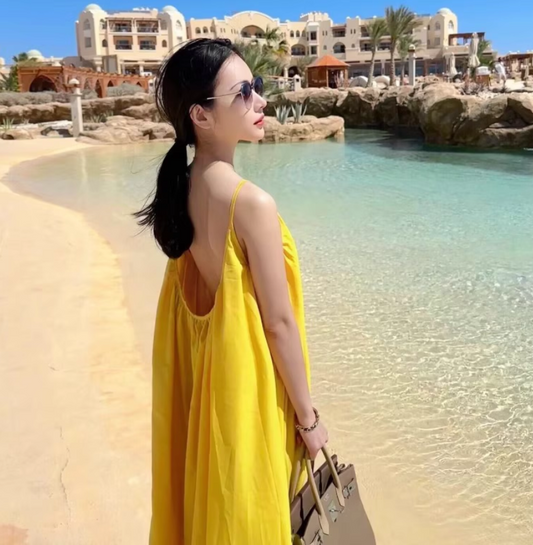 Vibrant Coastal Trips Yellow Oversize Maxi Dress Retro Loose Style Minimalist Backless Long Dress AP1354