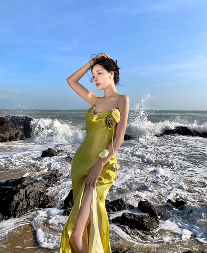 Coastal Trips Green Lustrous Fabric Maxi Dress French Style Sheath Flower Design High-Slit Long Dress AP1355