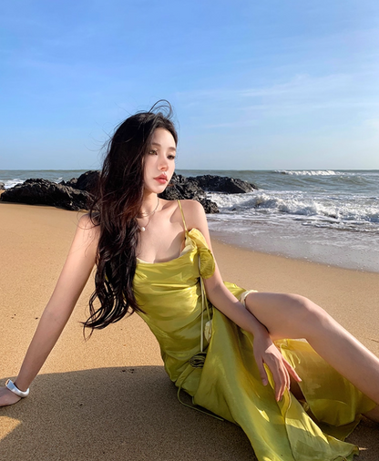 Coastal Trips Green Lustrous Fabric Maxi Dress French Style Sheath Flower Design High-Slit Long Dress AP1355