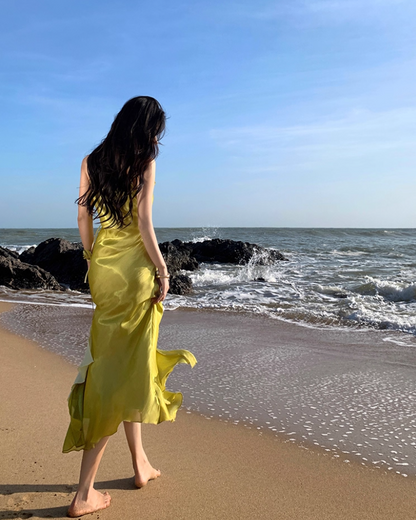 Coastal Trips Green Lustrous Fabric Maxi Dress French Style Sheath Flower Design High-Slit Long Dress AP1355