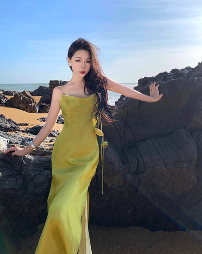 Coastal Trips Green Lustrous Fabric Maxi Dress French Style Sheath Flower Design High-Slit Long Dress AP1355