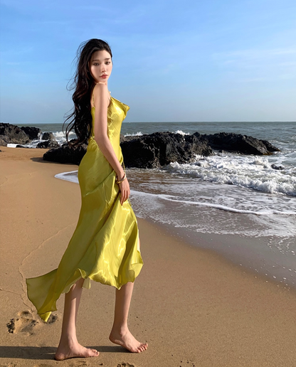 Coastal Trips Green Lustrous Fabric Maxi Dress French Style Sheath Flower Design High-Slit Long Dress AP1355