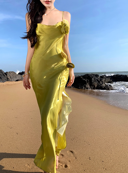 Coastal Trips Green Lustrous Fabric Maxi Dress French Style Sheath Flower Design High-Slit Long Dress AP1355