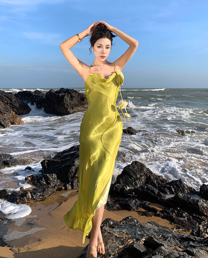 Coastal Trips Green Lustrous Fabric Maxi Dress French Style Sheath Flower Design High-Slit Long Dress AP1355