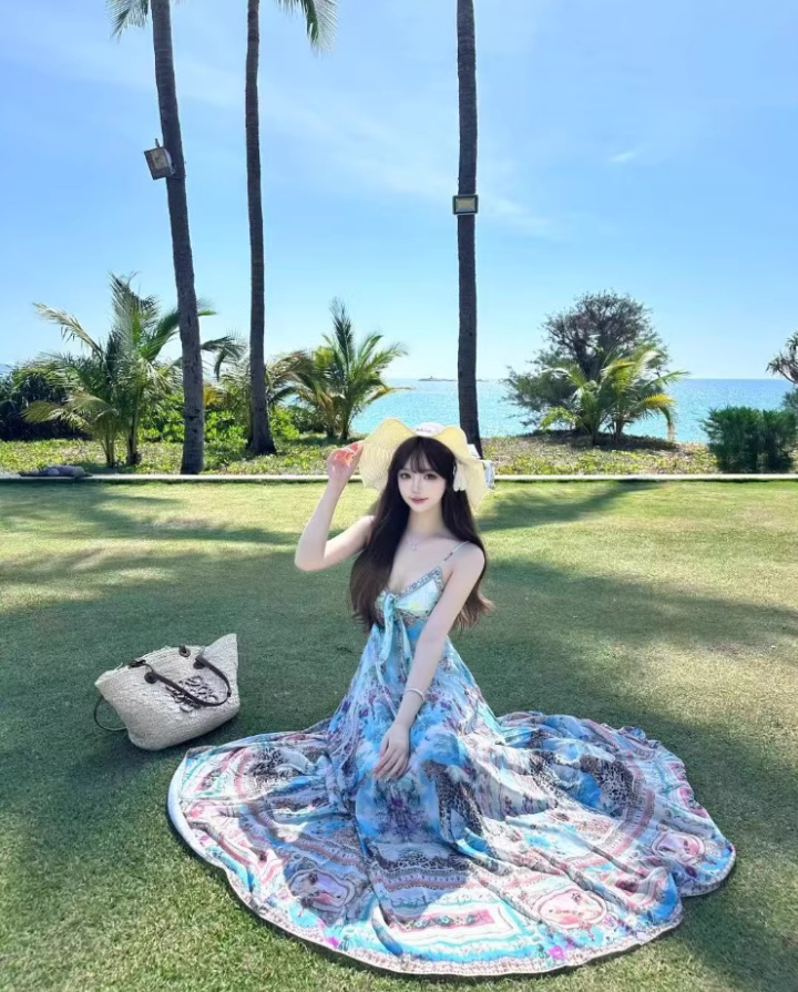 Boho Style Coastal Trips Floral Print Maxi Dress Retro Glittering Crystal Design Flowy Long Dress AP1356